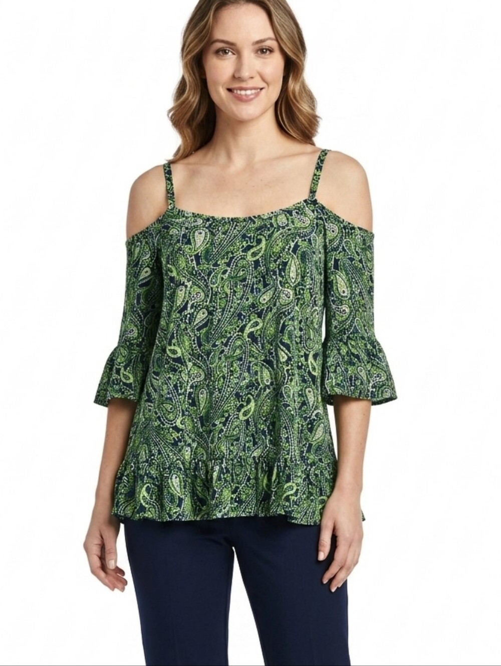 Michael Kors Women's Paisley Cold Shoulder Ruffle Blouse Green Navy Medium